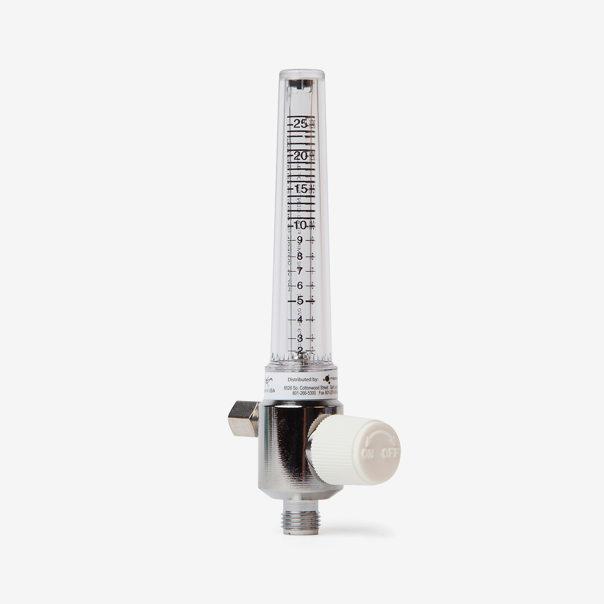 2-26 liters per minute flow meter with white knob on white background shown from an angle