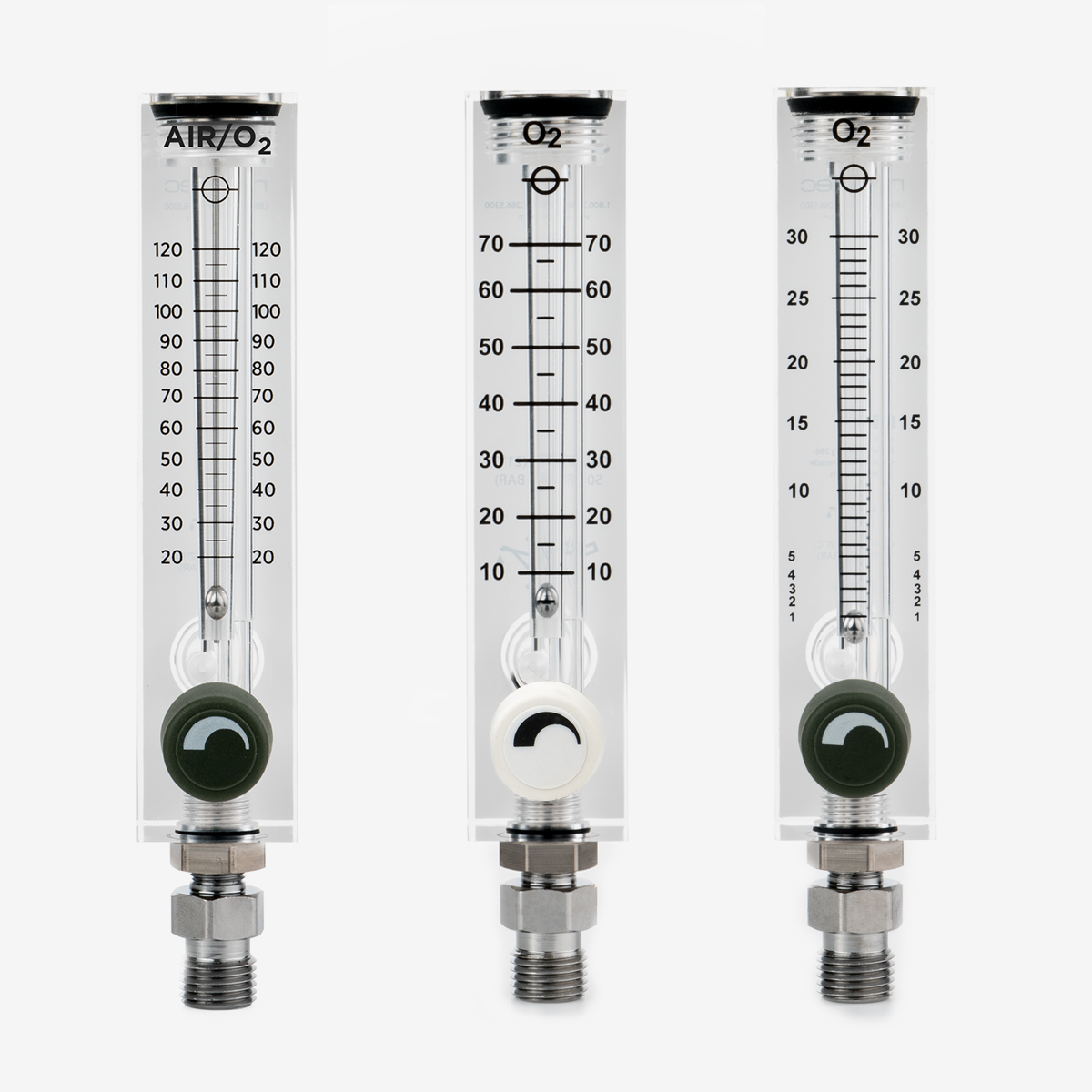 Acrylic flow meters in 0-120, 0-70, and 0-30 liters per minute with black and white knobs