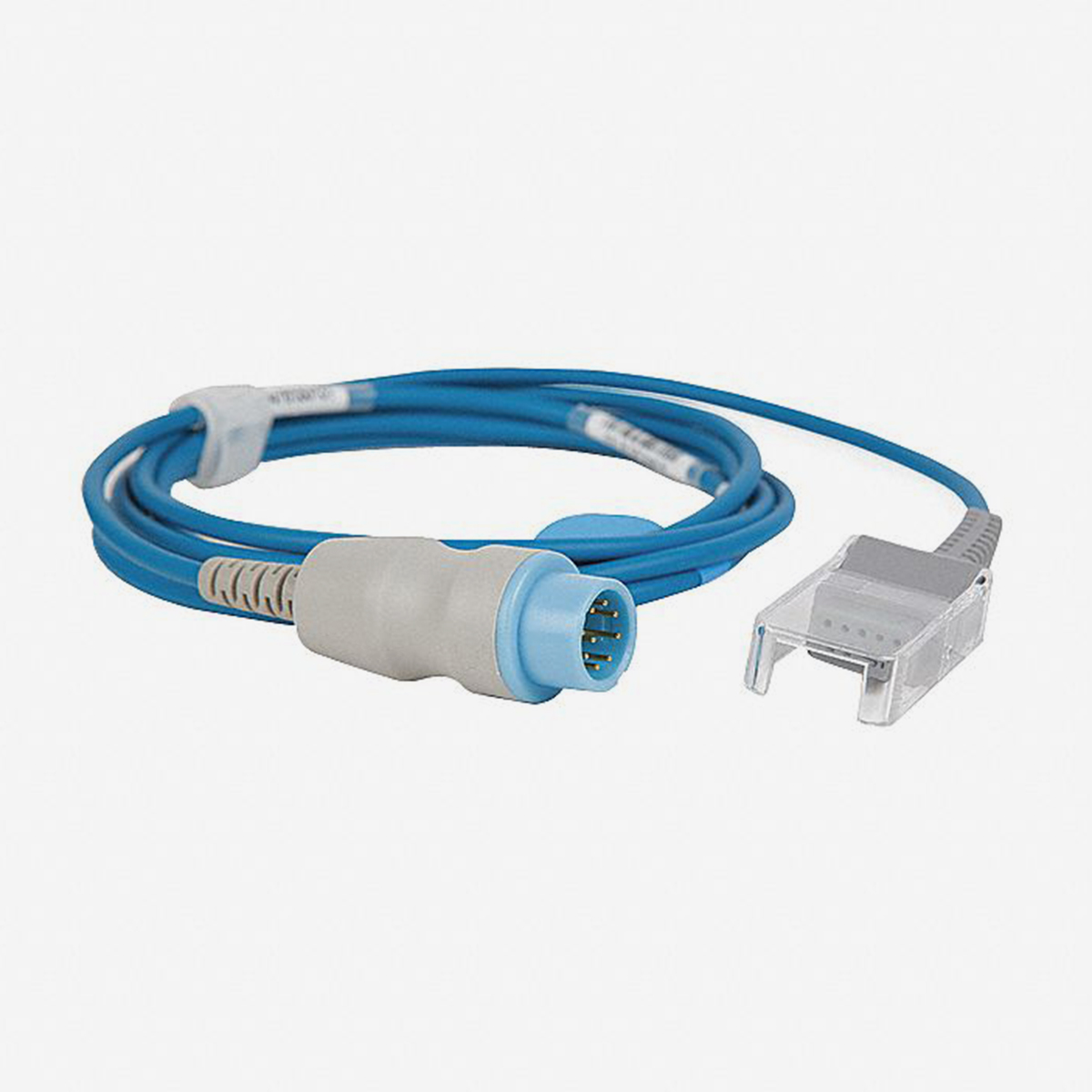Blue extension cable with white and blue connector for pediatric disposable finger probe