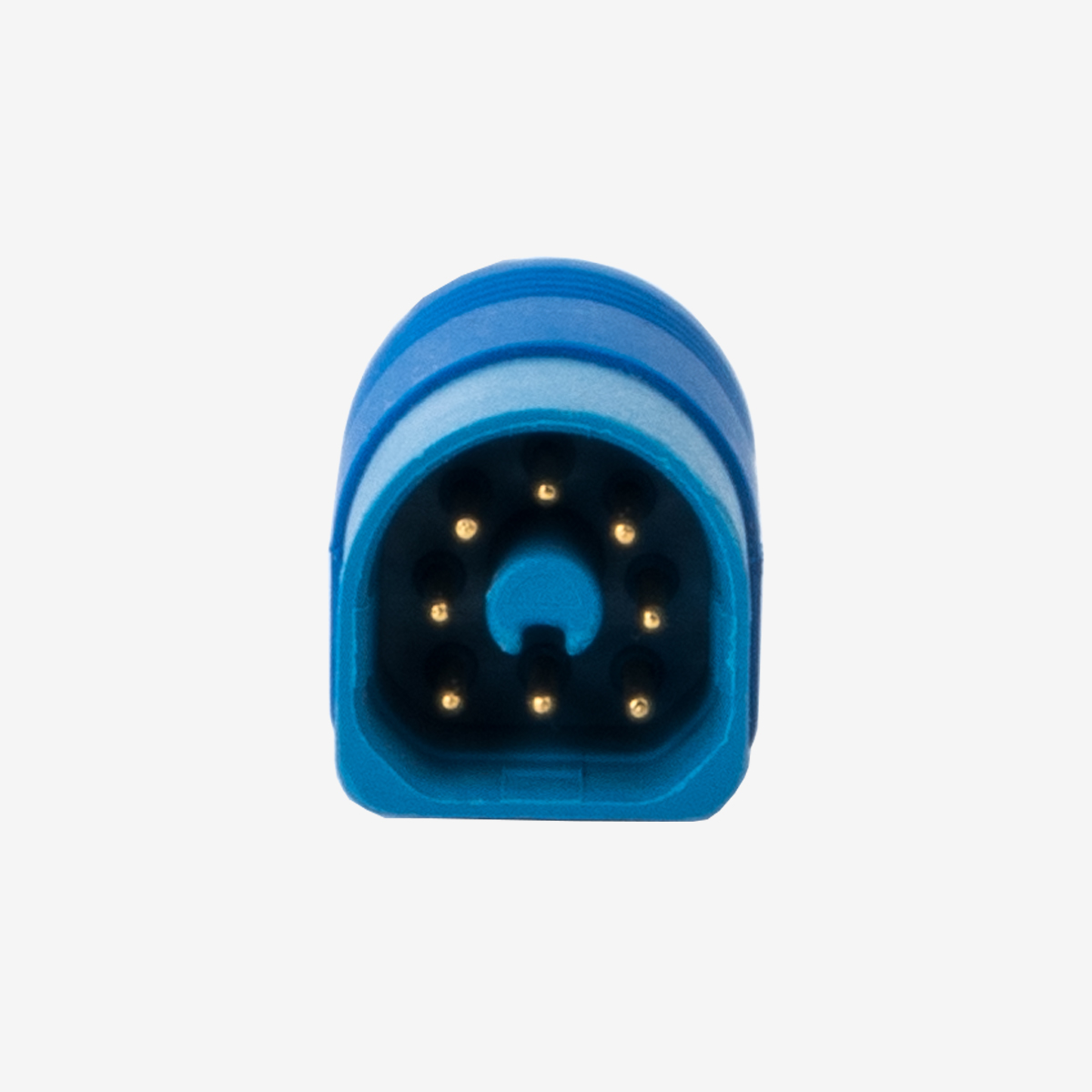Close up front view of blue semi-circular SpO2 female connector for small ear clip