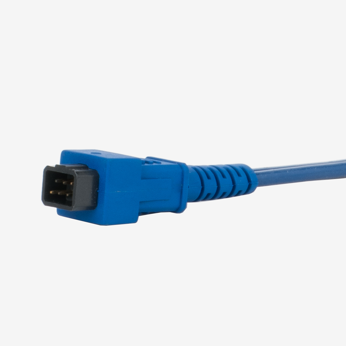 Side angle view of square blue connector on extension cable