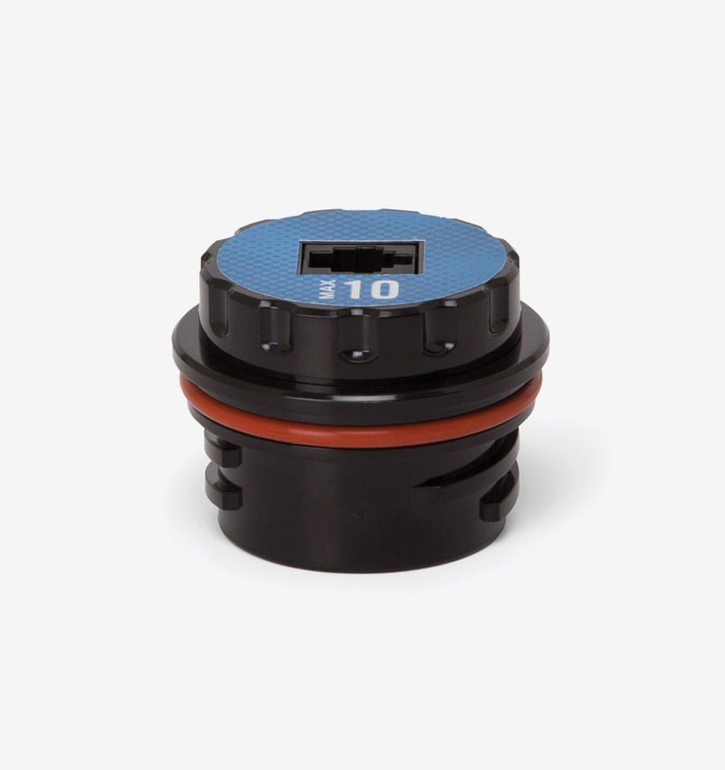 Black and blue Max-10 oxygen sensor on white background