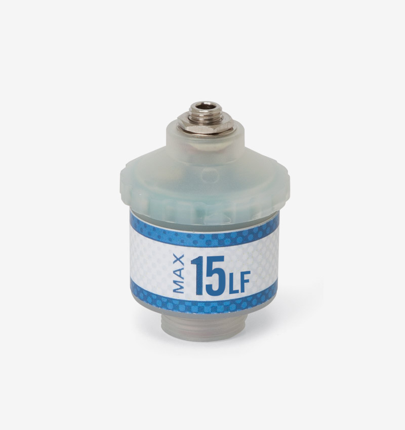 White and blue Max-15LF oxygen sensor on white background