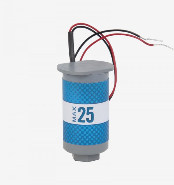 Grey and blue cylindrical max-25 oxygen sensor on white background