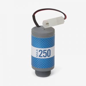 Grey and blue cylindrical max-250 oxygen sensor on white background