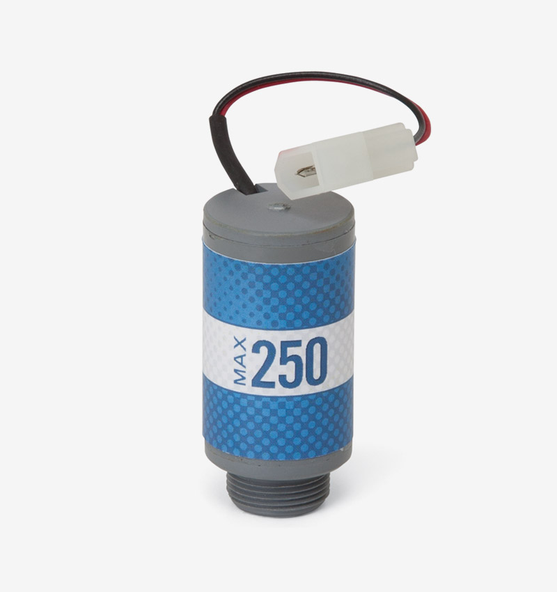 Grey and blue cylindrical max-250 oxygen sensor on white background