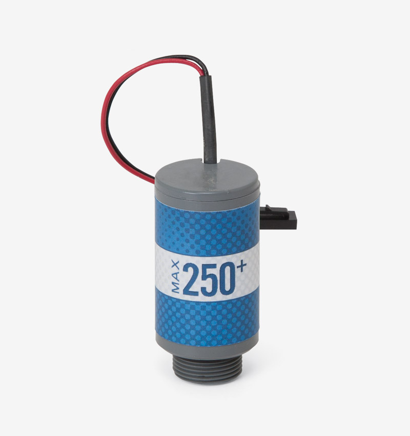 White, grey and blue Max-250+ oxygen sensor on white background