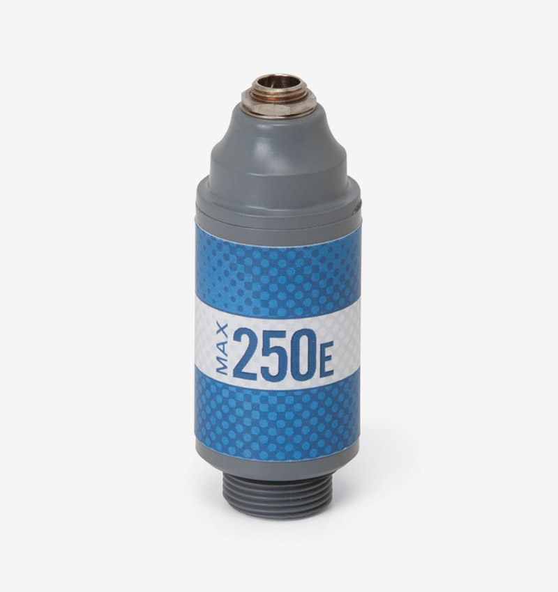 White, grey and blue Max-250E oxygen sensor on white background