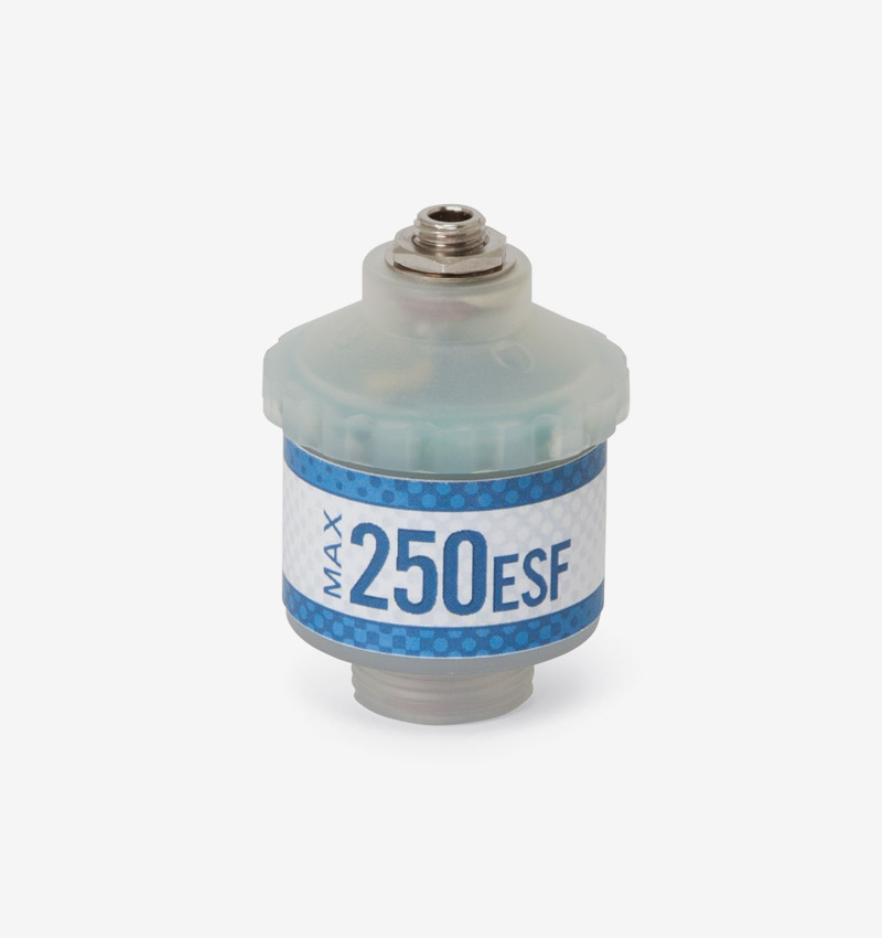 White and blue Max-250ESF oxygen sensor on white background