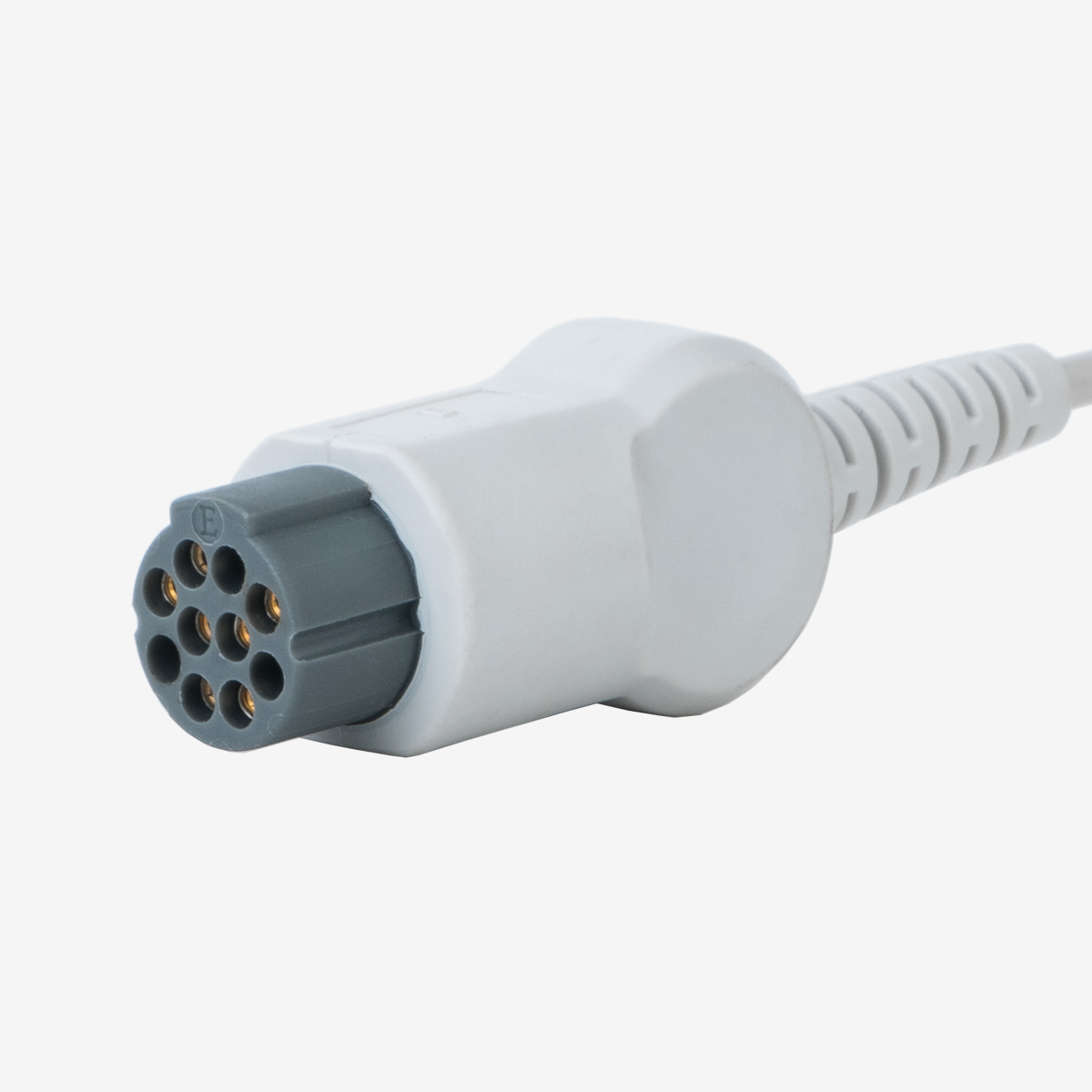 White SpO2 connector with gray tip and female front, shown at an angle